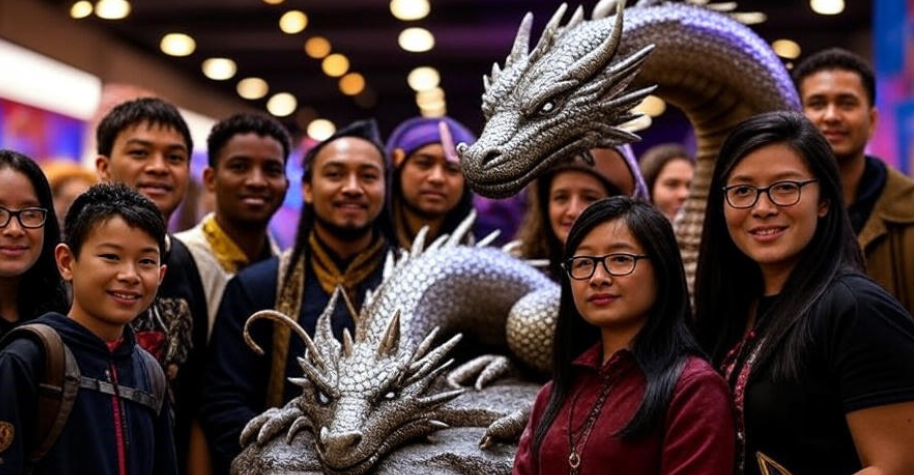 Fans in costumes around a dragon statue at a convention, celebrating Game Thrones Drogon’s legacy.