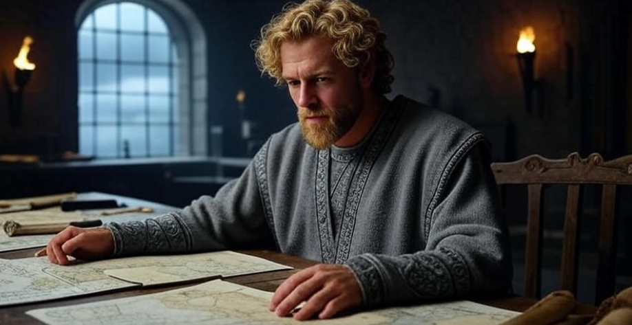 Tyrion Lannister in a strategic meeting room with maps, torchlight, and stormy sky in Game of Thrones