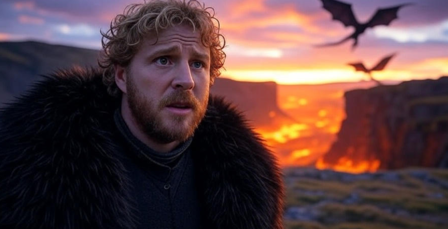 Tyrion Lannister facing dragons on a cliff in a fiery Game of Thrones landscap
