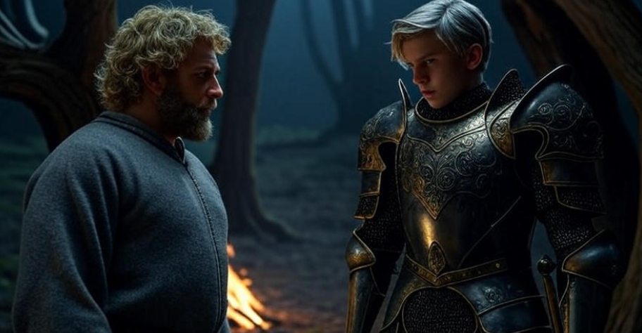 Tyrion Lannister in a tense encounter with Young Griff in a misty Westerosi forest