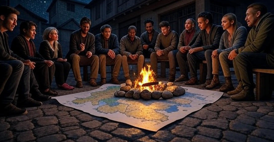 Game of Thrones fans discussing Tyrion’s fate around a campfire with a Westeros map.