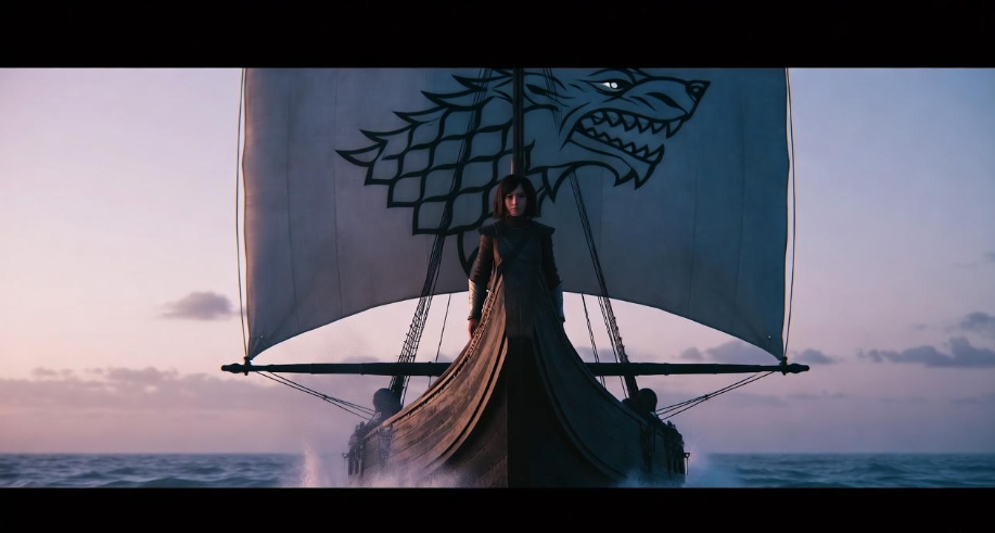 Arya Stark gazing west on a ship with Stark sigil, misty sea, Game of Thrones finale.
