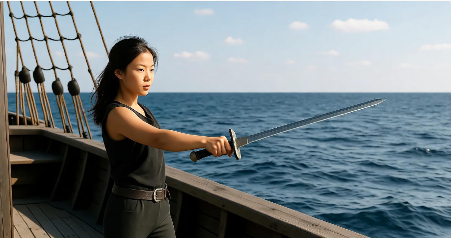 Arya Stark practicing sword on ship deck, open sea, Game of Thrones.