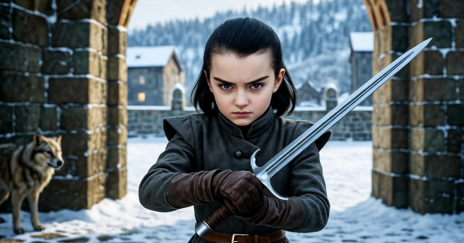 Young Arya Stark holding Needle in Winterfell’s snowy courtyard, showcasing her defiant spirit in Game of Thrones.