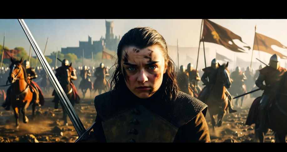 Arya Stark in the chaotic Battle of the Bastards, fighting fiercely in Game of Thrones’ iconic war scene.