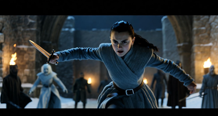 Arya Stark in action during the Battle of Winterfell, capturing her heroic moment in Game of Thrones.