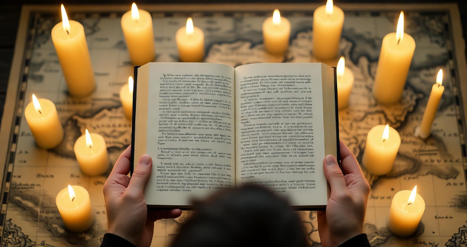 Fan reading A Song of Ice and Fire books with Westeros map, Game of Thrones guide.