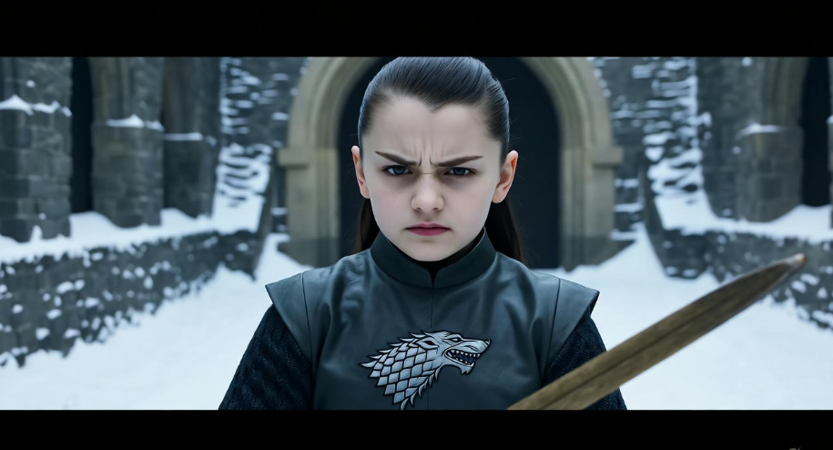 Young Arya Stark in Winterfell holding a practice sword, showcasing her tomboy spirit.