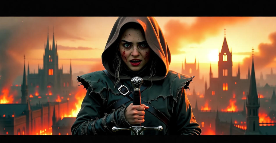 Arya Stark escaping King’s Landing with Needle amidst flames and chaos