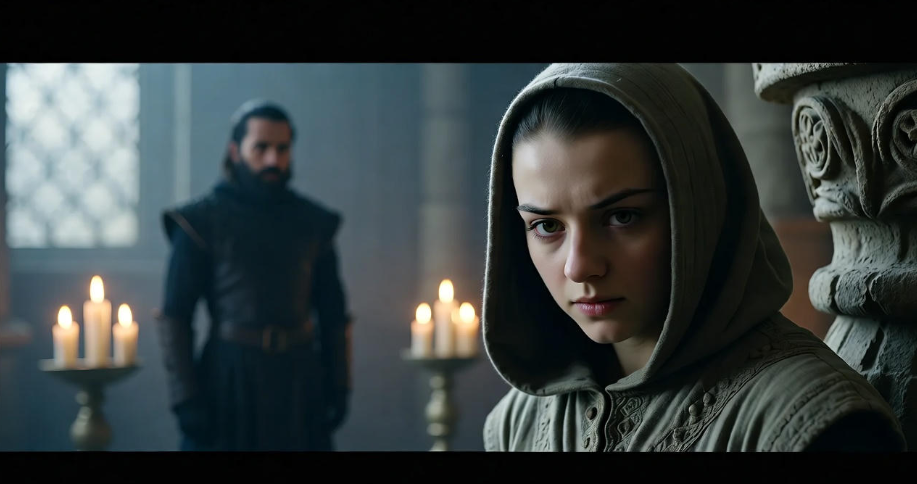 Arya Stark training with the Faceless Men in a dimly lit Braavos temple.