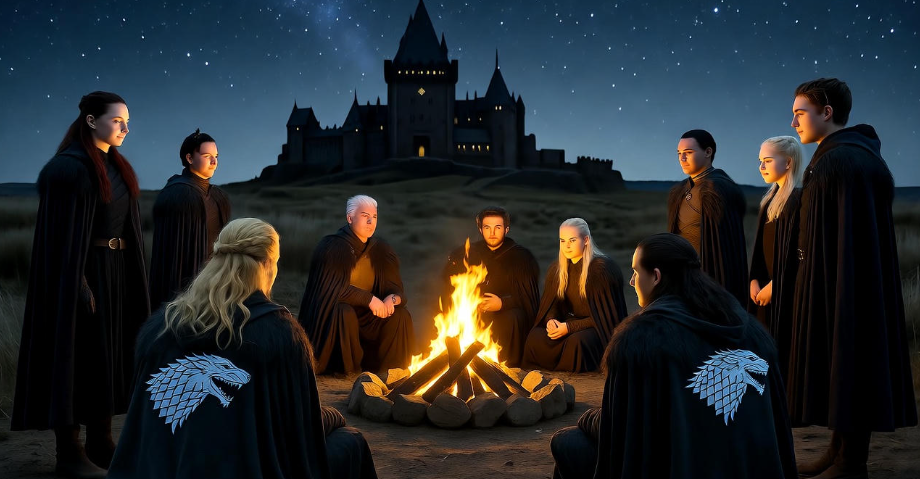 Fans gathered around a campfire with Winterfell silhouette celebrating Arya Stark