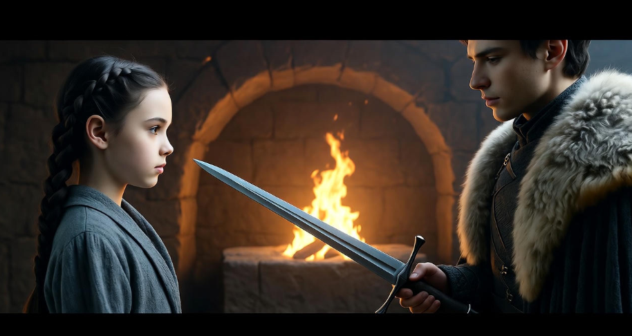 Jon Snow handing Needle to young Arya Stark in a Winterfell forge, symbolizing their bond.