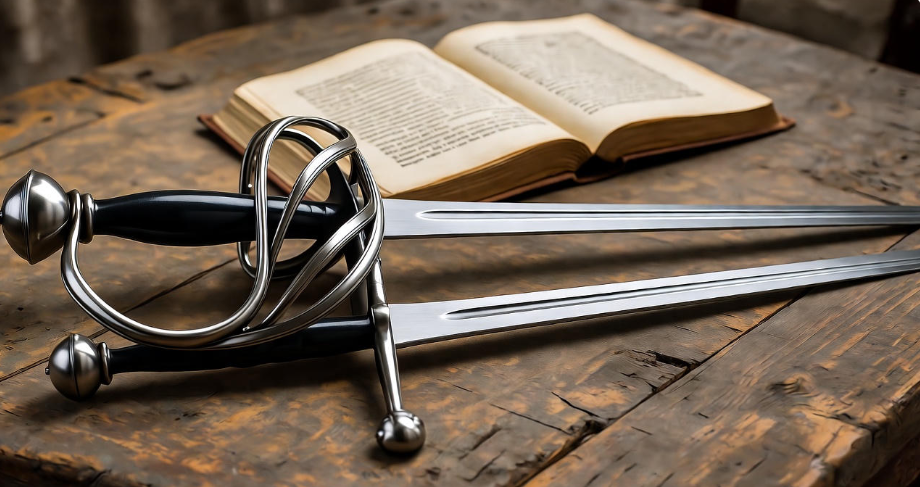 Historical rapier and Needle side by side on a table with a medieval manuscript.