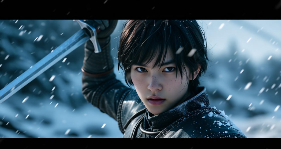 Arya Stark victorious with Needle after defeating the Night King on a snowy battlefield