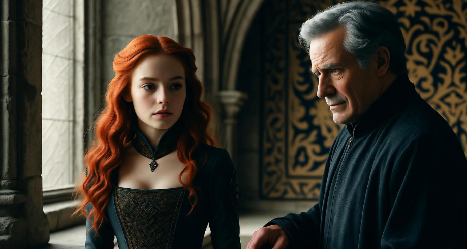 Sansa Stark with Littlefinger in a dark hall, Game of Thrones manipulation scene.