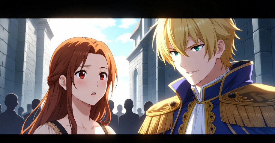 Young Sansa Stark nervously facing Joffrey Baratheon in a tense Game of Thrones courtyard scene.