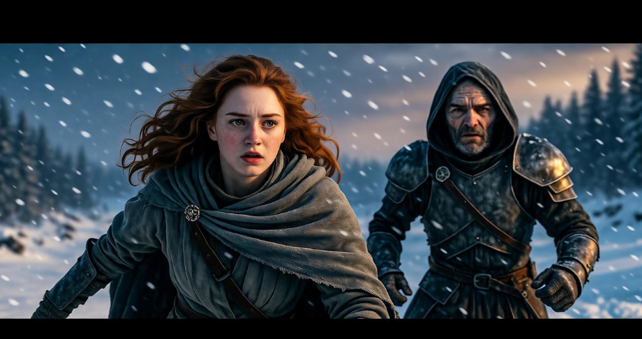Sansa Stark escaping Ramsay Bolton with Theon in a snowy Game of Thrones landscape
