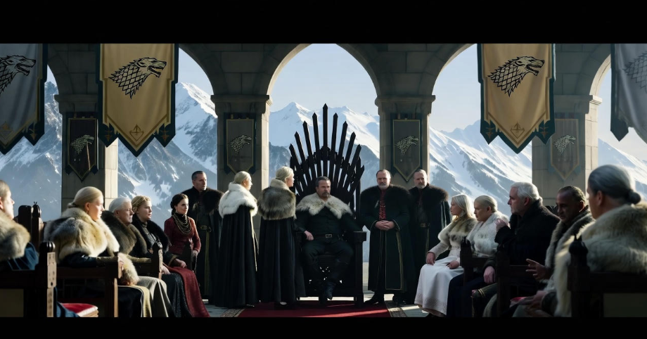 Northern court scene with nobles in a snowy Game of Thrones castle inspired by Sansa’s rule.