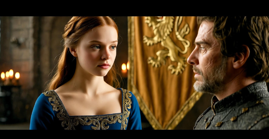 Sansa Stark and Tyrion Lannister in a tense medieval wedding scene, symbolizing their forced marriage in Game of Thrones.