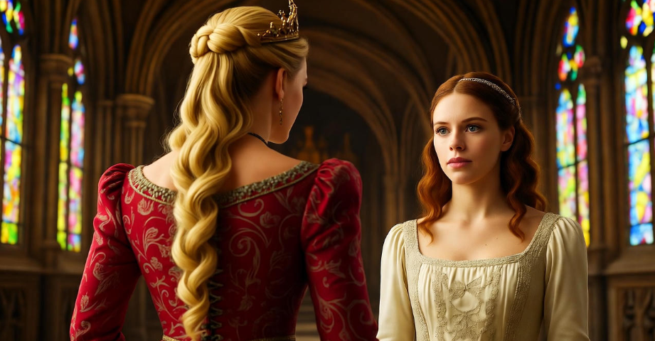 Sansa Stark learning from Cersei Lannister in a grand throne room, highlighting their power dynamic in Game of Thrones