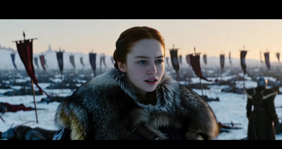 Sansa Stark victorious at the Battle of the Bastards, overlooking Winterfell’s snowy battlefield in Game of Thrones.
