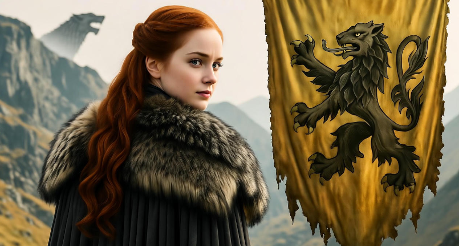 Sansa Stark rejecting the Lannister legacy, standing strong in a northern landscape with a direwolf in Game of Thrones.