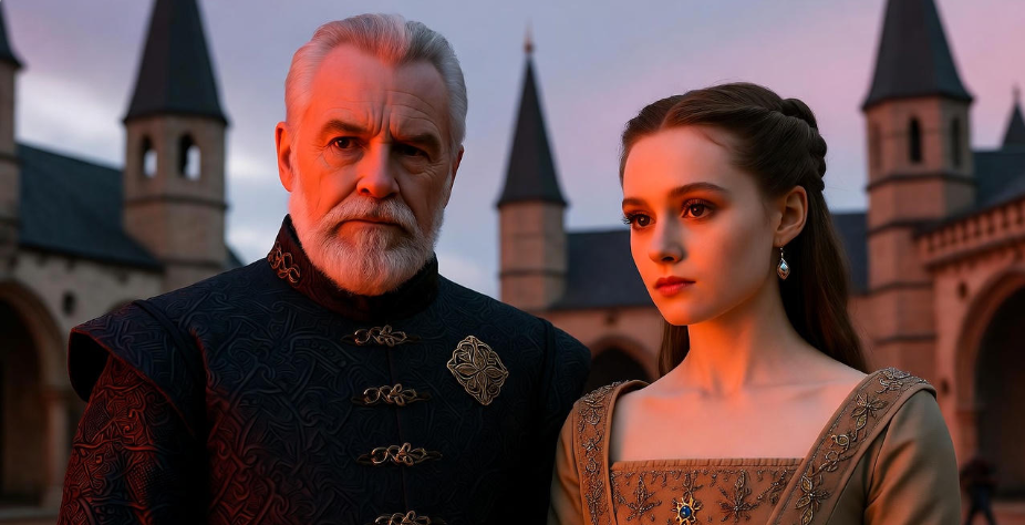 Ned Stark and Sansa in King’s Landing, Game of Thrones scene.