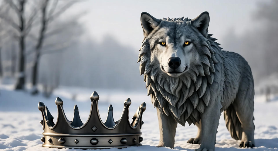 Direwolf statue with crown symbolizing Ned Stark’s legacy, Game of Thrones.
