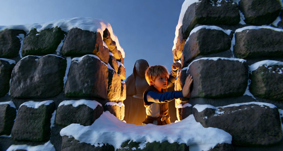 Young Bran Stark climbing Winterfell walls with shadowy figure, Game of Thrones fantasy scene.