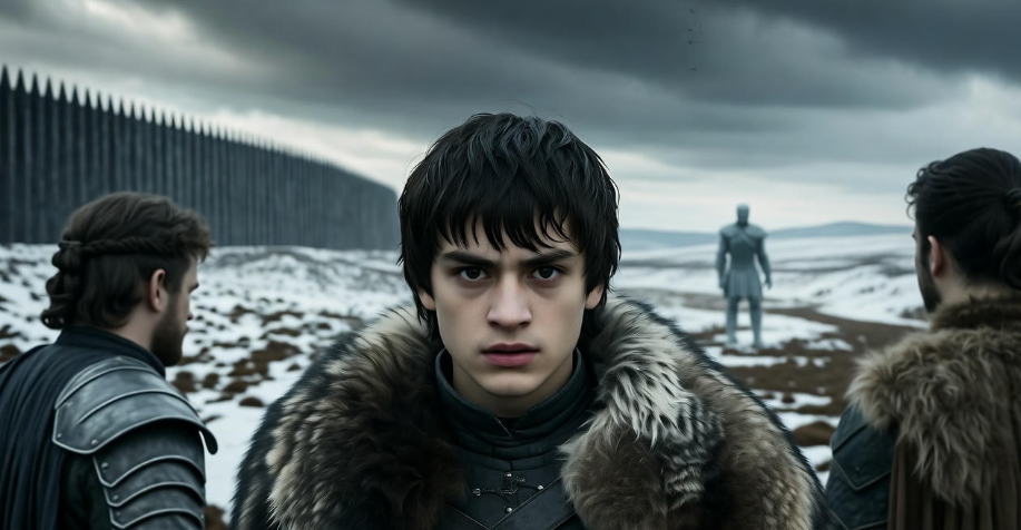 Bran Stark beyond the Wall with Hodor and Meera, White Walker silhouette, Game of Thrones adventure.