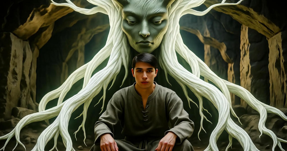 Bran Stark training with Three-Eyed Raven in weirwood cave, Game of Thrones mysticism