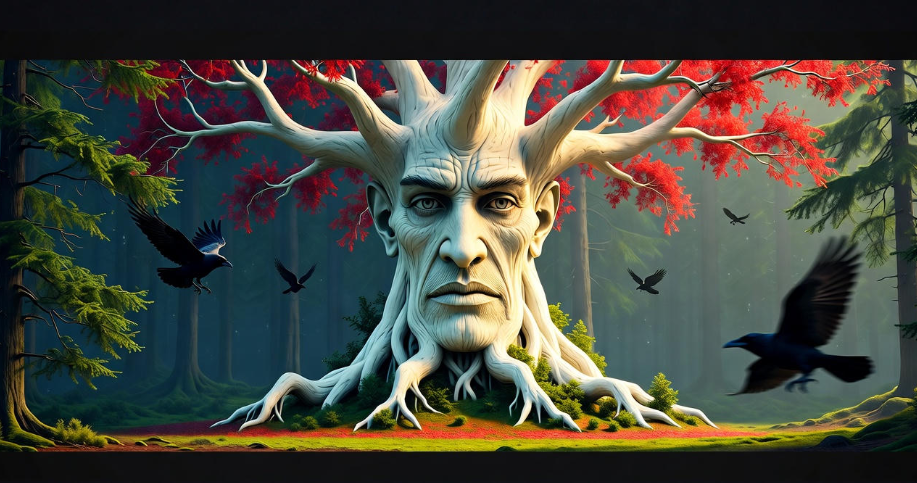 Weirwood tree with ravens, symbolizing Bran Stark’s greenseer lore in Game of Thrones.