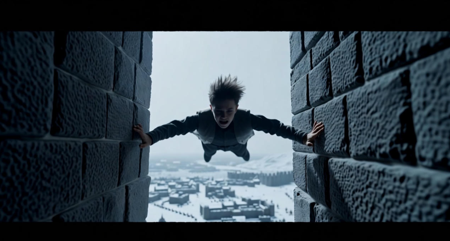 Young Bran Stark falling from Winterfell tower in Game of Thrones, medieval stone architecture, snowy landscape.