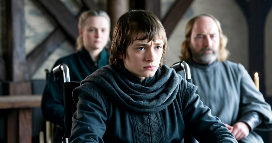 Bran Stark in a wheelchair with Catelyn Stark and Maester Luwin, Game of Thrones medieval scene