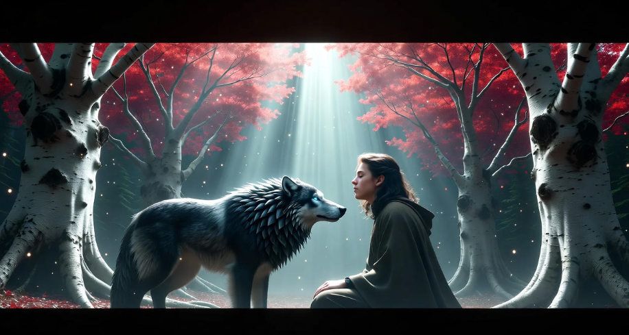 Bran Stark warging into a direwolf in a mystical weirwood forest, Game of Thrones scene.
