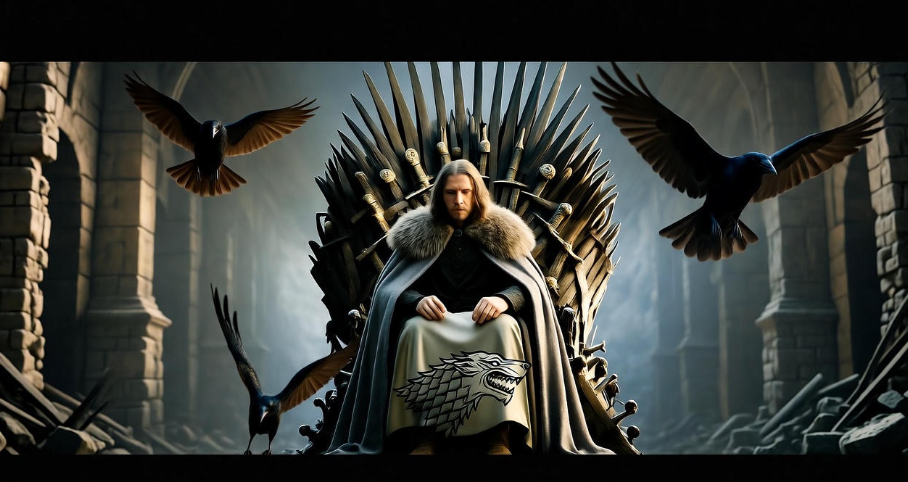 Bran Stark crowned king on the Iron Throne, ravens flying, Game of Thrones finale.