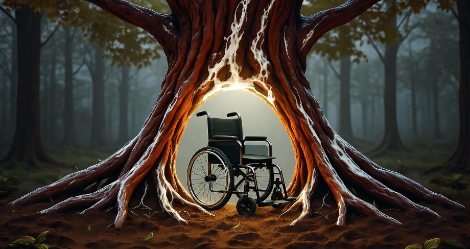 Symbolic image of Bran Stark’s journey with wheelchair and weirwood tree, Game of Thrones theme