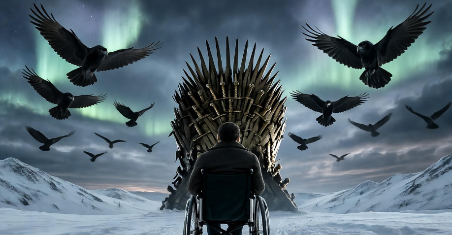 Bran Stark overlooking snowy landscape with Iron Throne, Game of Thrones conclusion.