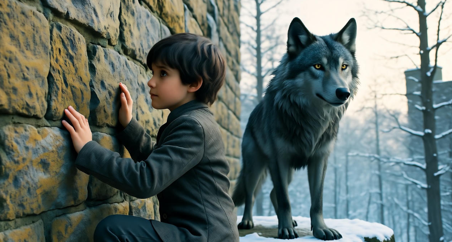 Young Bran Stark climbing Winterfell walls with direwolf Summer in the snowy background.