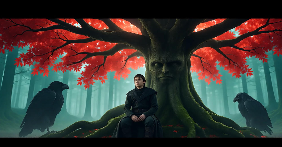 Bran Stark under a weirwood tree in a mystical forest with ethereal visions