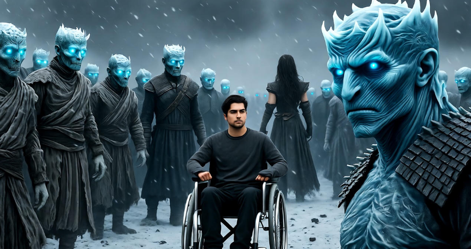 Bran Stark in wheelchair during Night King battle at Winterfell with Arya in action