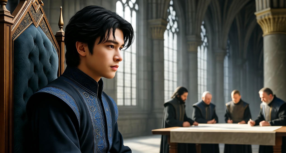 Bran Stark on a throne in a grand hall with advisors and Westeros map
