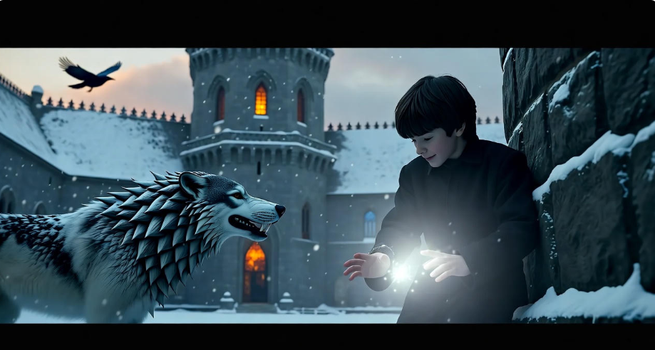 Young Bran Stark climbing a tower in Winterfell with a direwolf and mystical glow, symbolizing his warging journey in Game of Thrones.
