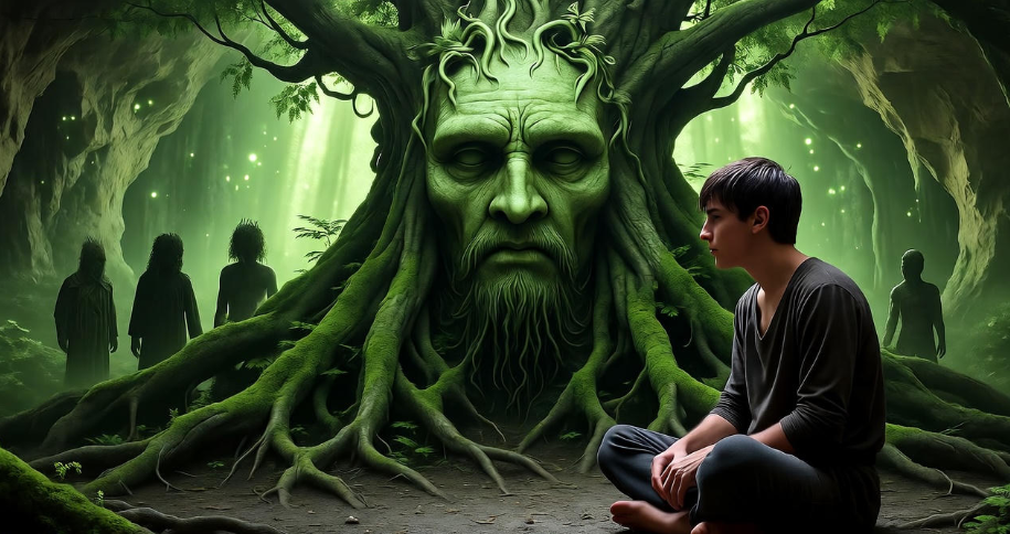 Bran Stark as the Three-Eyed Raven meditating in a cave with a weirwood tree and visions of a battlefield in Game of Thrones.