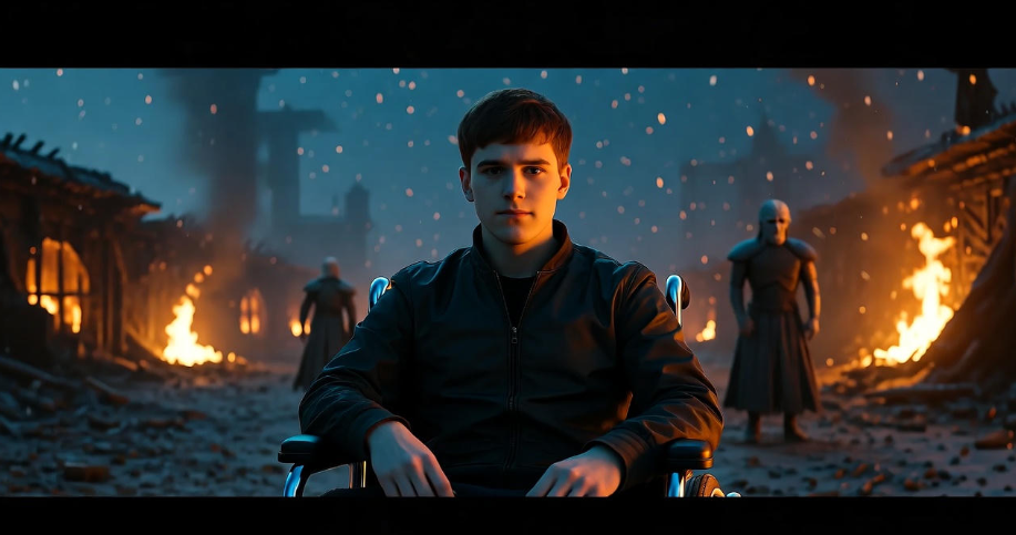 Bran Stark with a detached expression on a snowy battlefield during the Game of Thrones final season controversy.