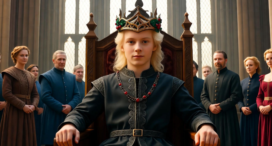 Bran Stark crowned king on a wooden throne during his coronation in Game of Thrones.