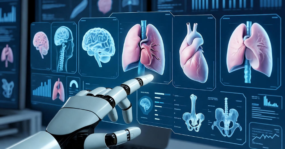 Futuristic AI-powered medical diagnostics lab with holographic 3D scans and robotic equipment in a high-tech environment.