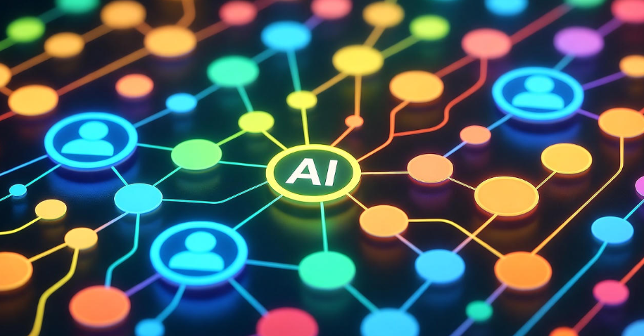 Abstract digital visualization of AI-driven treatment planning with interconnected data nodes and glowing lines.