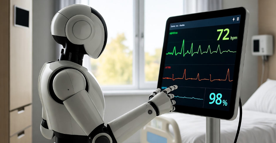 AI-powered robotic assistant monitoring patient vital signs in a modern, serene hospital room.
