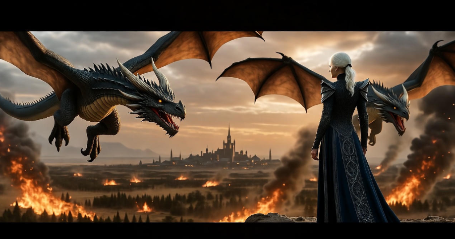 Daenerys Targaryen with dragons over a fiery battlefield, symbolizing her power in Game of Thrones